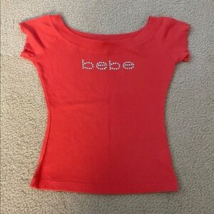 Vintage Bebe Ribbed Short Sleeve Shirt With Rhinestone Design, Size M NWOT